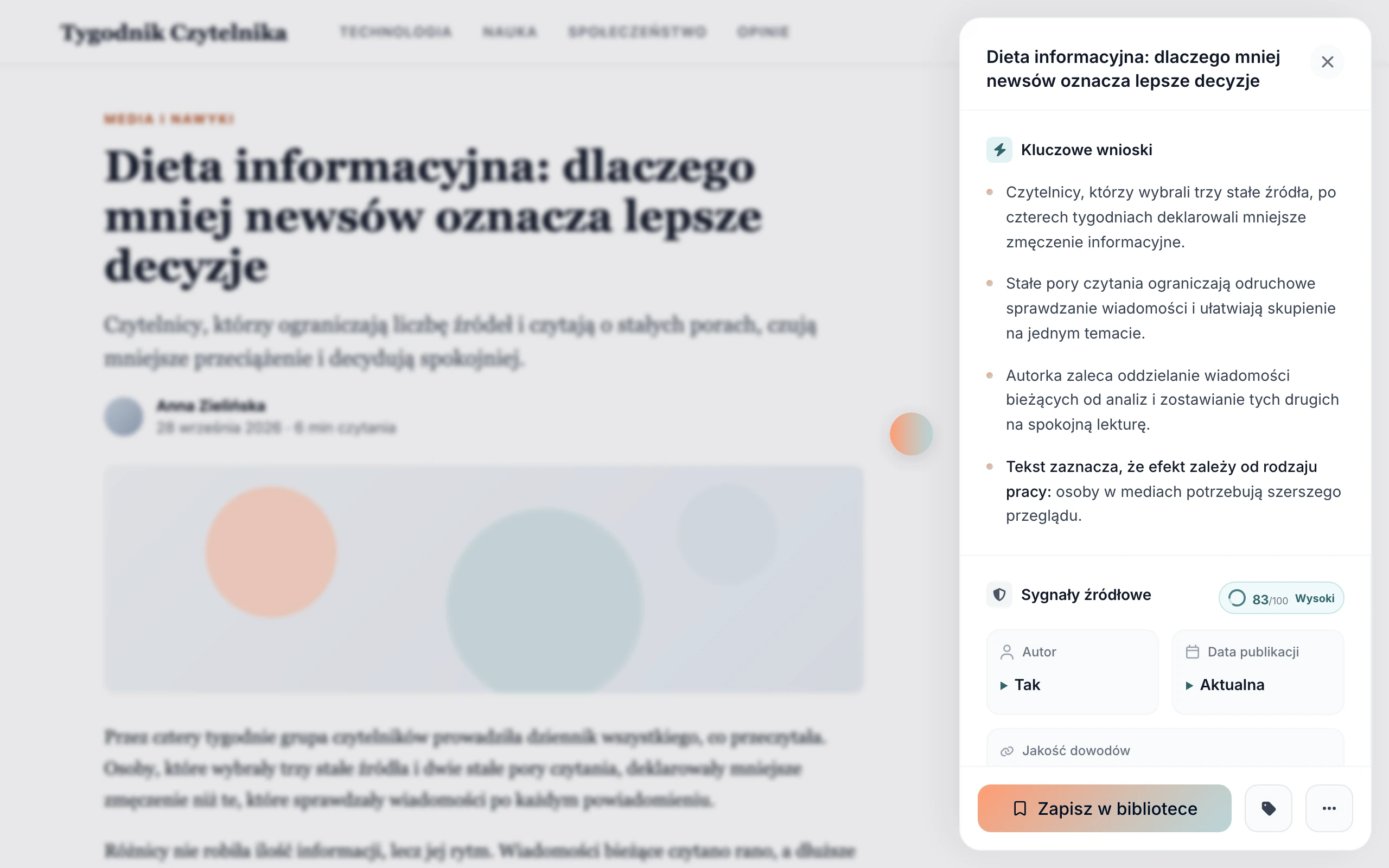 Panel wtyczki Clue. otwarty obok przykładowego artykułu: kluczowe wnioski i sygnały źródłowe